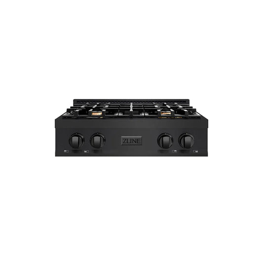 ZLINE 30 in. Classic Gas Rangetop with 4 Brass Burners and Porcelain Cooktop in Black Stainless Steel (RTB-BR-30) main image.