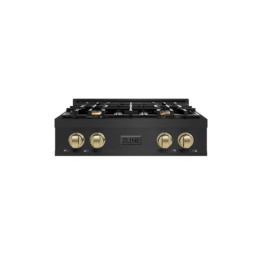 ZLINE Autograph Edition 30 in. Classic Gas Rangetop with 4 Burners and Porcelain Cooktop in Black Stainless Steel with Champagne Bronze Accents (RTBZ-30-CB) main image.