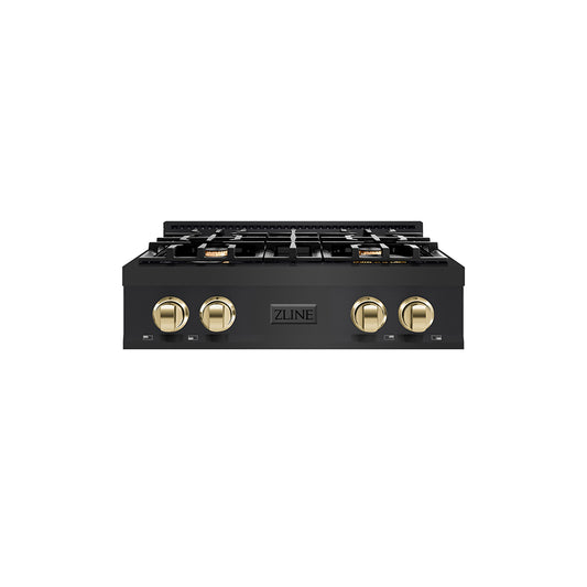 ZLINE Autograph Edition 30 in. Classic Gas Rangetop with 4 Burners and Porcelain Cooktop in Black Stainless Steel with Polished Gold Accents (RTBZ-30-G) main image.