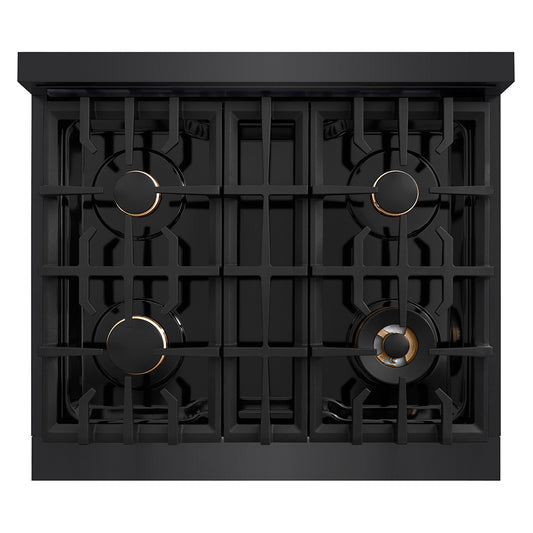 ZLINE Autograph Edition 30 in. Classic Gas Rangetop with 4 Burners and Porcelain Cooktop in Black Stainless Steel with Polished Gold Accents (RTBZ-30-G) top-down, above cooking surface.