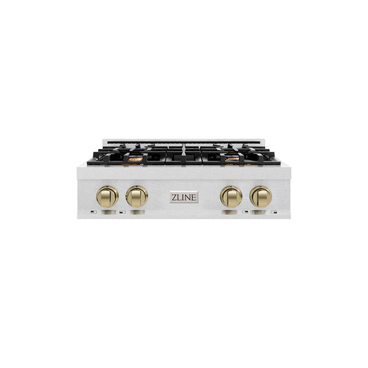 ZLINE Autograph Edition 30 in. Classic Gas Rangetop with 4 Burners and Porcelain Cooktop in Satin Stainless Steel with Champagne Bronze Accents (RTSZ-30-CB) main image.