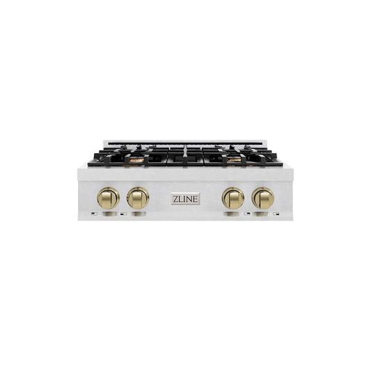 ZLINE Autograph Edition 30 in. Classic Gas Rangetop with 4 Burners and Porcelain Cooktop in Satin Stainless Steel with Champagne Bronze Accents (RTSZ-30-CB) main image.
