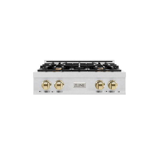 ZLINE Autograph Edition 30 in. Classic Gas Rangetop with 4 Burners and Porcelain Cooktop in Satin Stainless Steel with Polished Gold Accents (RTSZ-30-G) main image.