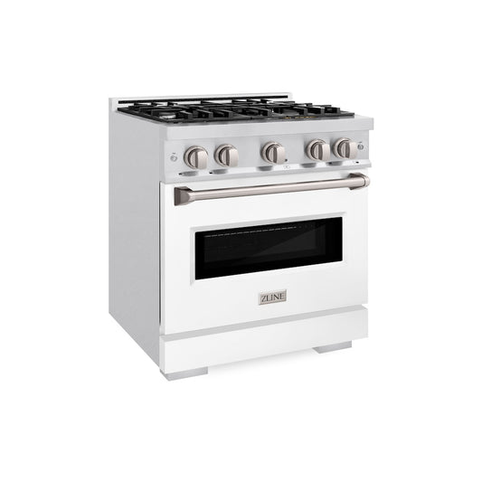 ZLINE 30 in. 4.2 cu. ft. Classic Dual Fuel Range with 4 Burner Gas Cooktop and Electric Convection Oven in Satin Stainless Steel with White Matte Door (CDRS-WM-30) side.