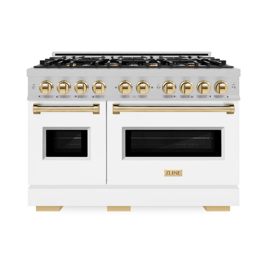ZLINE Autograph Edition 48 in. 6.7 cu. ft. Classic Double Oven Dual Fuel Range with 8 Burner Gas Cooktop in Satin Stainless Steel with White Matte Doors and Polished Gold Accents (CDRSZ-WM-48-G) front, oven closed.