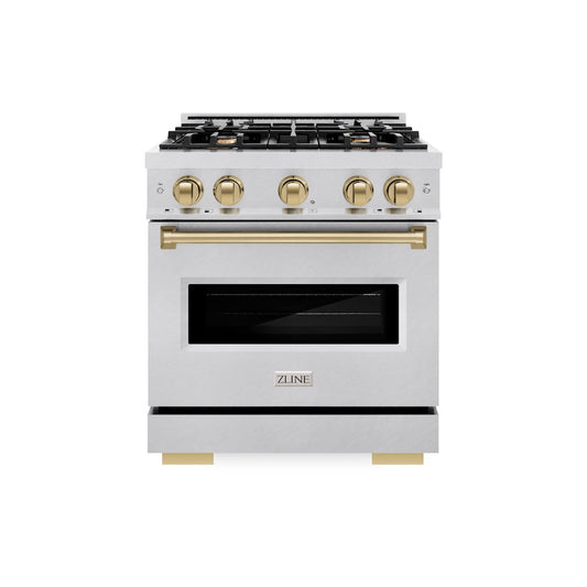 ZLINE Autograph Edition 30 in. 4.2 cu. ft. Classic Gas Range with 4 Burner Cooktop and Convection Gas Oven in Satin Stainless Steel and Champagne Bronze Accents (CGRSZ-30-CB) front.