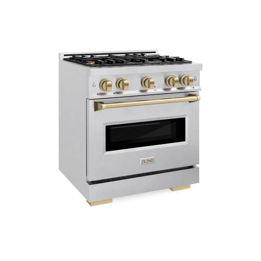 ZLINE Autograph Edition 30 in. 4.2 cu. ft. Classic Gas Range with 4 Burner Cooktop and Convection Gas Oven in Satin Stainless Steel and Champagne Bronze Accents (CGRSZ-30-CB) main image.