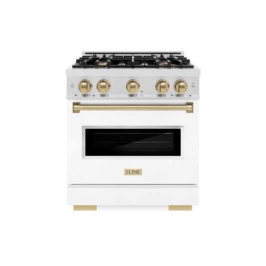 ZLINE Autograph Edition 30 in. 4.2 cu. ft. Classic Gas Range with 4 Burner Cooktop and Convection Gas Oven in Satin Stainless Steel with White Matte Door and Champagne Bronze Accents (CGRSZ-WM-30-CB)
