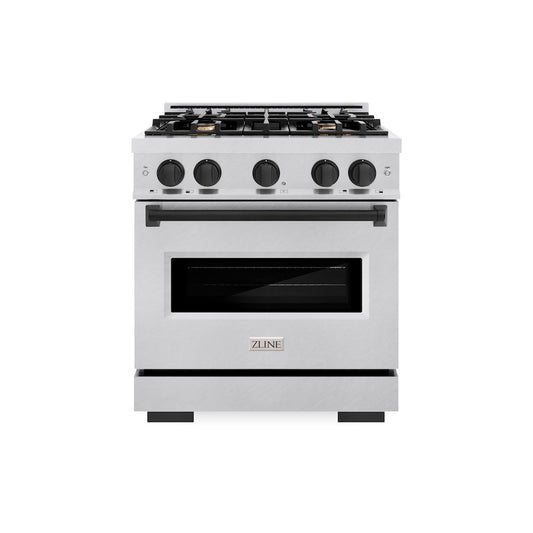 ZLINE Autograph Edition 30 in. 4.2 cu. ft. Classic Gas Range with 4 Burner Cooktop and Convection Gas Oven in Satin Stainless Steel and Matte Black Accents (CGRSZ-30-MB) front.
