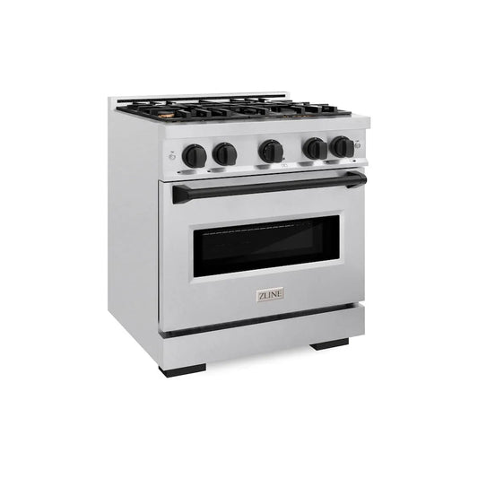 ZLINE Autograph Edition 30 in. 4.2 cu. ft. Classic Gas Range with 4 Burner Cooktop and Convection Gas Oven in Satin Stainless Steel and Matte Black Accents (CGRSZ-30-MB) main image.