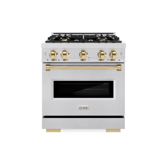 ZLINE Autograph Edition 30 in. 4.2 cu. ft. Classic Gas Range with 4 Burner Cooktop and Convection Gas Oven in Satin Stainless Steel and Polished Gold Accents (CGRSZ-30-G) front.
