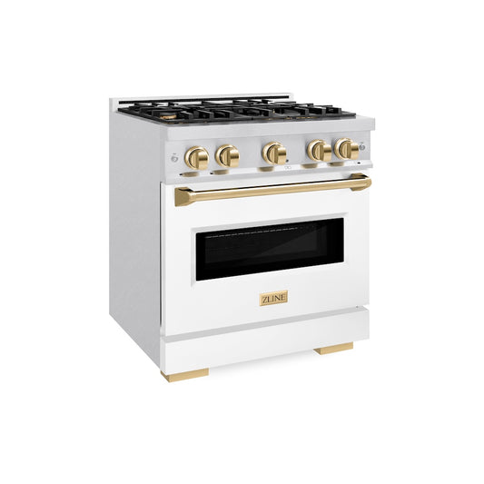ZLINE Autograph Edition 30 in. 4.2 cu. ft. Classic Gas Range with 4 Burner Cooktop and Convection Gas Oven in Satin Stainless Steel with White Matte Door and Polished Gold Accents (CGRSZ-WM-30-G) side.