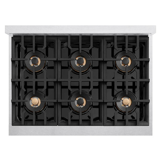 ZLINE Autograph Edition 36 in. Classic Gas Rangetop with 6 Burner DuoPro™ Cooktop in Satin Stainless Steel and Champagne Bronze Accents (PCRTSZ-36-CB) top-down, above cooktop.