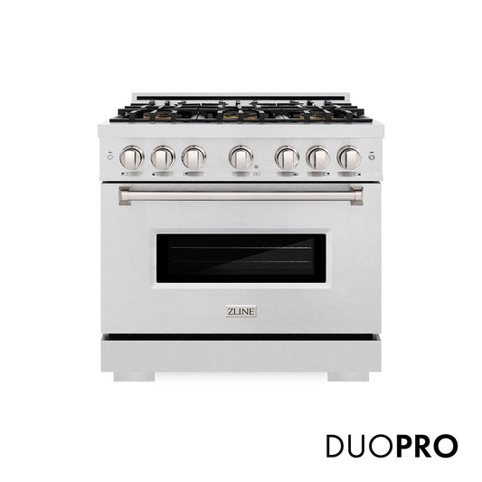 ZLINE 36 in. 5.2 cu. ft. Classic Dual Fuel Range with 6 Burner DuoPro™ Cooktop and Electric Convection Oven in Satin Stainless Steel (PCDRS-36) front, with DuoPro™ logo.
