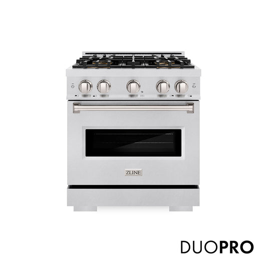 ZLINE 30 in. 4.2 cu. ft. Classic Gas Range with 4 Burner DuoPro™ Cooktop and Convection Gas Oven in Satin Stainless Steel (PCGRS-30) front, with DuoPro™ logo.