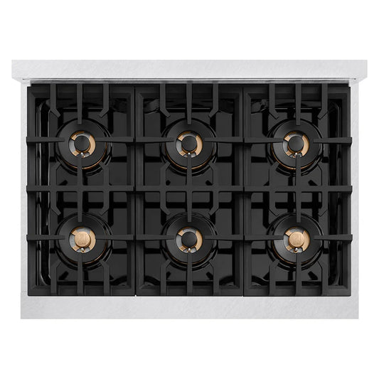 ZLINE 36 in. 5.2 cu. ft. Classic Gas Range with 6 Burner DuoPro™ Cooktop and Convection Gas Oven in Satin Stainless Steel (PCGRS-36) top-down, above cooktop.