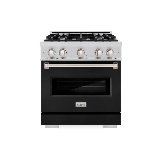 ZLINE 30 in. 4.2 cu. ft. Classic Dual Fuel Range with 4 Burner Gas Cooktop and Electric Convection Oven in Stainless Steel with Black Matte Door (CDR-BLM-30) front, oven closed.