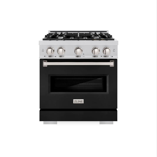 ZLINE 30 in. 4.2 cu. ft. Classic Gas Range with 4 Burner Cooktop and Convection Gas Oven in Stainless Steel with Black Matte Door (CGR-BLM-30) front, oven closed.