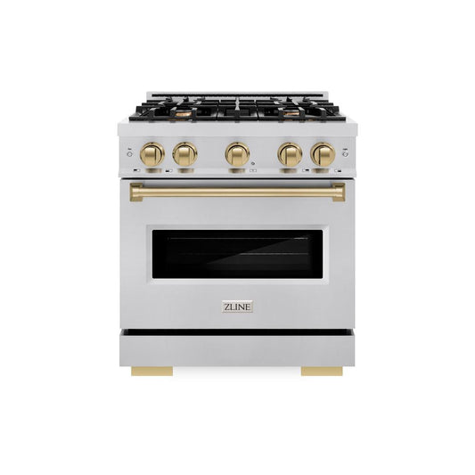 ZLINE Autograph Edition 30 in. 4.2 cu. ft. Classic Dual Fuel Range with 4 Burner Gas Cooktop and Electric Convection Oven in Stainless Steel with Champagne Bronze Accents (CDRZ-30-CB) front, oven closed.