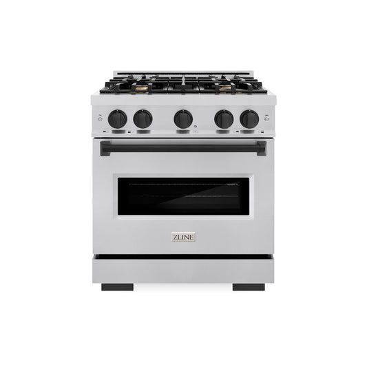 ZLINE Autograph Edition 30 in. 4.2 cu. ft. Classic Dual Fuel Range with 4 Burner Gas Cooktop and Electric Convection Oven in Stainless Steel with Matte Black Accents (CDRZ-30-MB) front, oven closed.