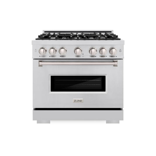 ZLINE 36 in. 5.2 cu. ft. Classic Dual Fuel Range with 6 Burner Gas Cooktop and Electric Convection Oven in Stainless Steel (CDR36) front, oven closed.