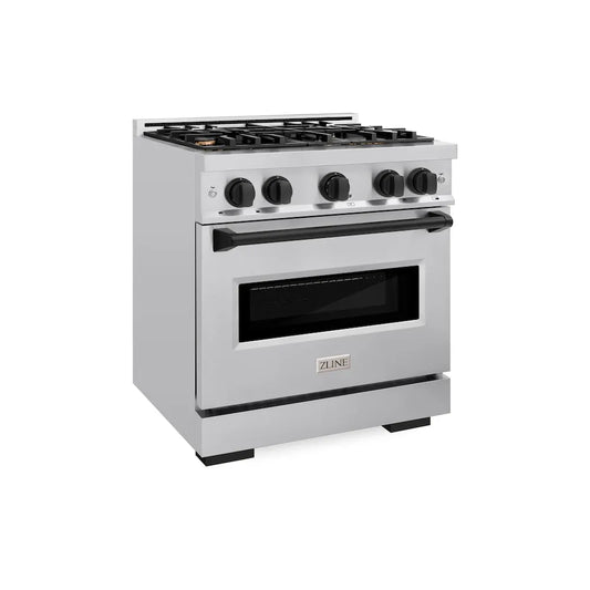 ZLINE Autograph Edition 30 in. 4.2 cu. ft. Classic Gas Range with 4 Burner Cooktop and Convection Gas Oven in Stainless Steel and Matte Black Accents (CGRZ-30-MB) main image.
