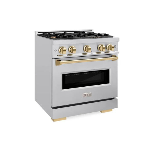 ZLINE Autograph Edition 30 in. 4.2 cu. ft. Classic Gas Range with 4 Burner Cooktop and Convection Gas Oven in Stainless Steel and Polished Gold Accents (CGRZ-30-G) main image.