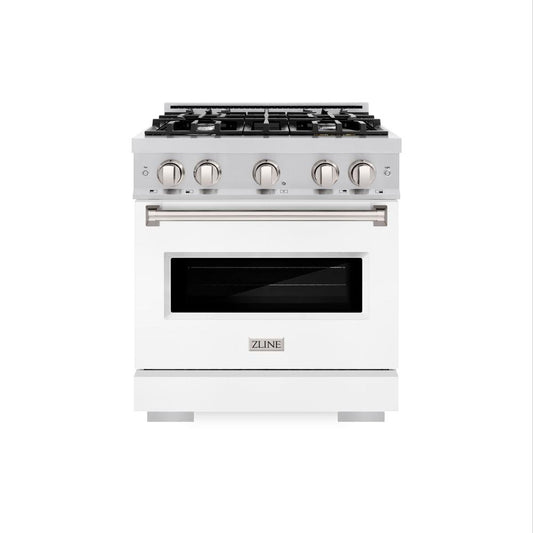 ZLINE 30 in. 4.2 cu. ft. Classic Gas Range with 4 Burner Cooktop and Convection Gas Oven in Stainless Steel with White Matte Door (CGR-WM-30) front, oven closed.