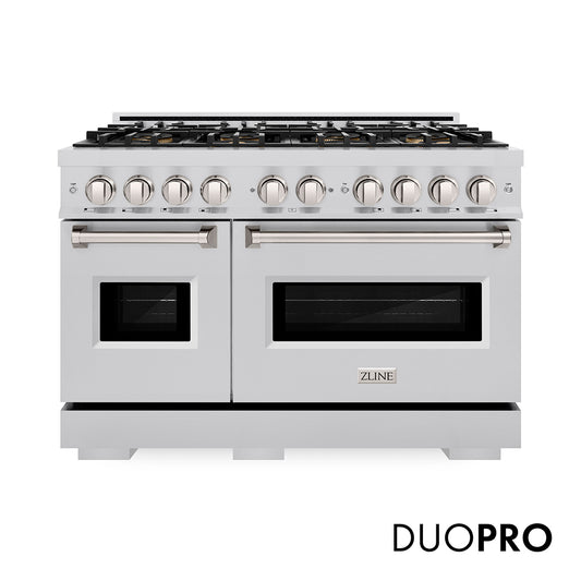 ZLINE 48 in. 6.7 cu. ft. Classic Dual Fuel Range with 8 Burner DuoPro™ Cooktop and Dual Ovens in Stainless Steel (PCDR48) front, with DuoPro™ logo.