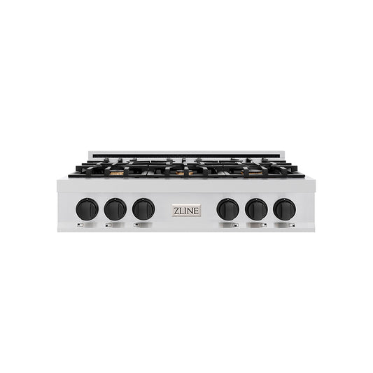 ZLINE Autograph Edition 36 in. Classic Gas Rangetop with 6 Burners and Porcelain Cooktop in Stainless Steel with Matte Black Accents (RTZ-36-MB)