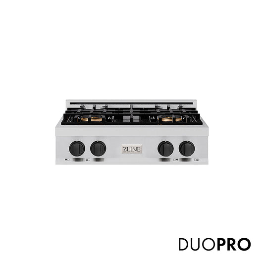 ZLINE Autograph Edition 30 in. Classic Gas Rangetop with 4 Burner DuoPro™ Cooktop in Stainless Steel and Matte Black Accents (PCRTZ-30-MB)
