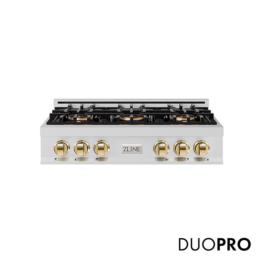 ZLINE Autograph Edition 36 in. Classic Gas Rangetop with 6 Burner DuoPro™ Cooktop in Stainless Steel and Polished Gold Accents (PCRTZ-36-G)