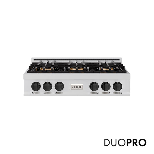 ZLINE Autograph Edition 36 in. Classic Gas Rangetop with 6 Burner DuoPro™ Cooktop in Stainless Steel and Matte Black Accents (PCRTZ-36-MB)