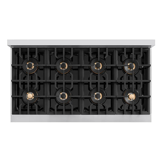 ZLINE Autograph Edition 48 in. Classic Gas Rangetop with 8 Burner DuoPro™ Cooktop in Stainless Steel and Polished Gold Accents (PCRTZ-48-G) top-down, above cooktop.