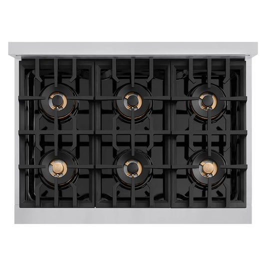 ZLINE 36 in. 5.2 cu. ft. Classic Gas Range with 6 Burner DuoPro™ Cooktop and Convection Gas Oven in Stainless Steel (PCGR36) top-down, above cooktop.