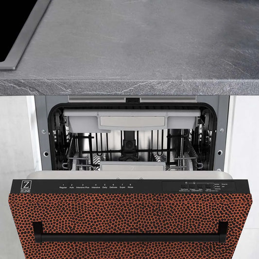 ZLINE hand-hammered copper dishwasher built-in to luxury cabinets