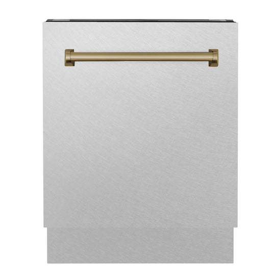 ZLINE Autograph Edition 24 in. Tallac Series 3rd Rack Top Control Built-In Tall Tub Dishwasher with Satin Stainless Steel Panel and Champagne Bronze Handle, 51dBa (DWVZ-SN-24-CB) front.