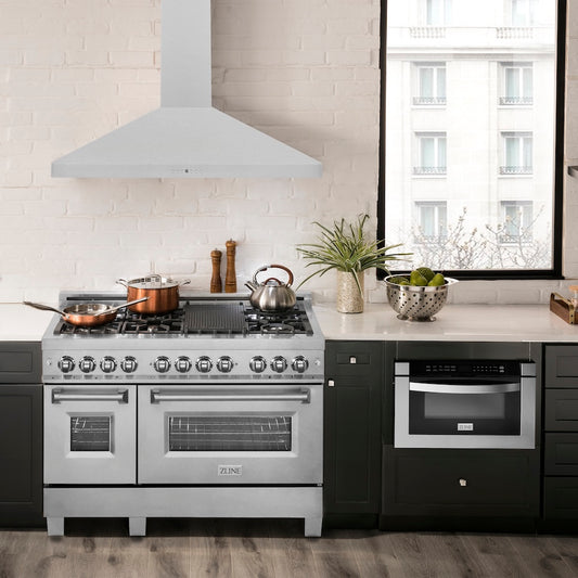 ZLINE 48 in. Ducted Wall Mount Range Hood in Satin Stainless Steel (8KF2S-48) in a luxury kitchen.