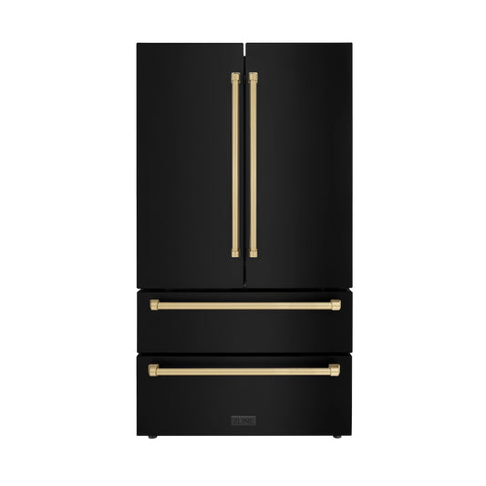 ZLINE Autograph Edition 36 in. 22.5 cu. ft. Counter-Depth French Door Refrigerator with Ice Maker in Fingerprint-Resistant Black Stainless Steel and Champagne Bronze Traditional Handles (RFMZ-36-BS-CB) main image.