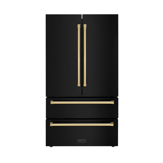 ZLINE Autograph Edition 36 in. 22.5 cu. ft. Counter-Depth French Door Refrigerator with Ice Maker in Fingerprint-Resistant Black Stainless Steel with Polished Gold Traditional Handles (RFMZ-36-BS-G) main image.