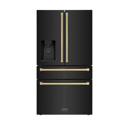 ZLINE Autograph Edition 36 in. 21.6 cu. ft Counter-Depth French Door Refrigerator with Water and Ice Dispenser in Fingerprint-Resistant Black Stainless Steel with Champagne Bronze Traditional Handles (RFMZ-W-36-BS-CB) main image.