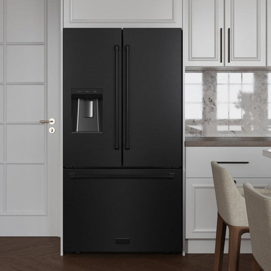 ZLINE 36 in. 28.9 cu. ft. Standard-Depth French Door External Water Dispenser Refrigerator with Dual Ice Maker in Fingerprint-Resistant Black Stainless Steel (RSM-W-36-BS) in a luxury kitchen with white cabinets, front.