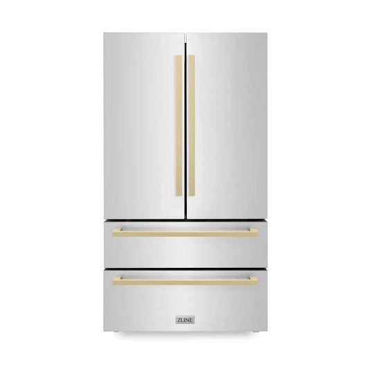 ZLINE Autograph Edition 36 in. 22.5 cu. ft. Counter-Depth French Door Refrigerator with Ice Maker in Fingerprint-Resistant Stainless Steel with Champagne Bronze Modern Handles (RFMZ-36-FCB) main image.