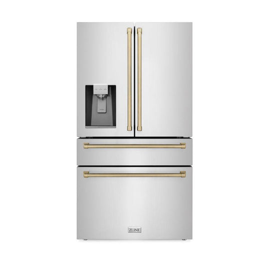ZLINE Autograph Edition 36 in. 21.6 cu. ft. Counter-Depth French Door Refrigerator with Water and Ice Dispenser in Fingerprint-Resistant Stainless Steel with Champagne Bronze Traditional Handles (RFMZ-W-36-CB) front, closed.