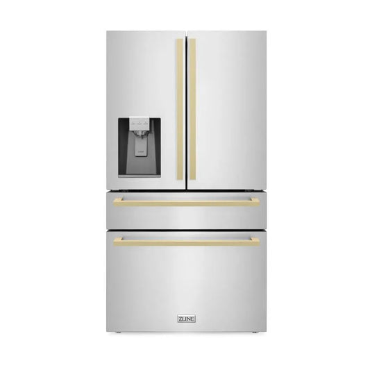 ZLINE Autograph Edition 36 in. 21.6 cu. ft. Counter-Depth French Door Refrigerator with Water and Ice Dispenser in Fingerprint-Resistant Stainless Steel with Champagne Bronze Modern Handles (RFMZ-W-36-FCB) main image.