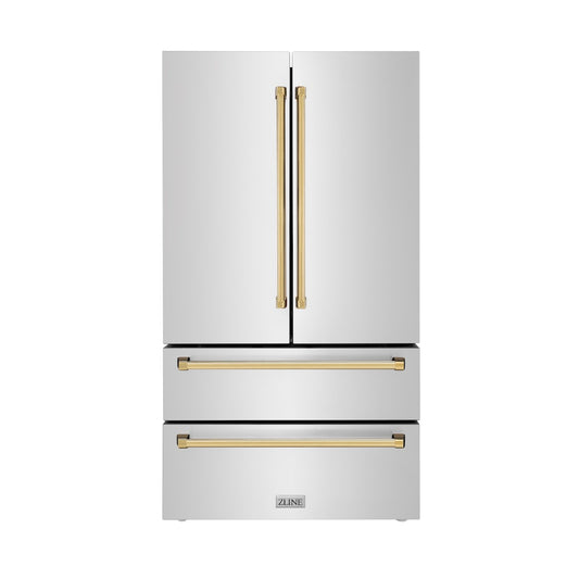 ZLINE Autograph Edition 36 in. 22.5 cu. ft. Counter-Depth French Door Refrigerator with Ice Maker in Fingerprint-Resistant Stainless Steel with Polished Gold Traditional Handles (RFMZ-36-G) main image.