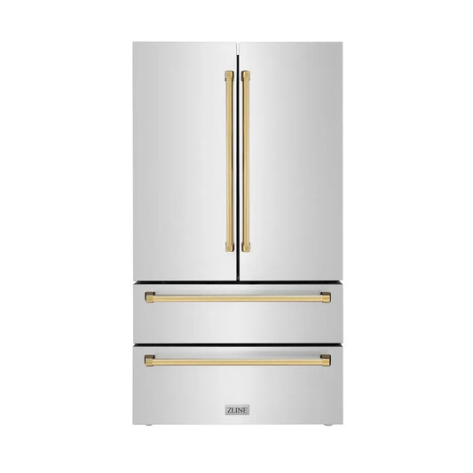 ZLINE Autograph Edition 36 in. 22.5 cu. ft. Counter-Depth French Door Refrigerator with Ice Maker in Fingerprint-Resistant Stainless Steel with Polished Gold Traditional Handles (RFMZ-36-G) main image.