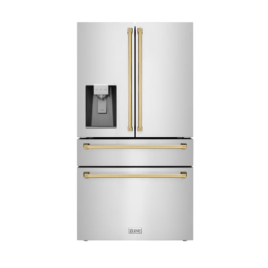 ZLINE Autograph Edition 36 in. 21.6 cu. ft. Counter-Depth French Door Refrigerator with Water and Ice Dispenser in Fingerprint-Resistant Stainless Steel with Polished Gold Traditional Handles (RFMZ-W-36-G) main image.