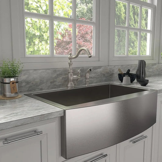 ZLINE Rembrandt Single Handle Kitchen Faucet and Side Sprayer in Brushed Nickel (REM-KF-BN) in a luxury kitchen.