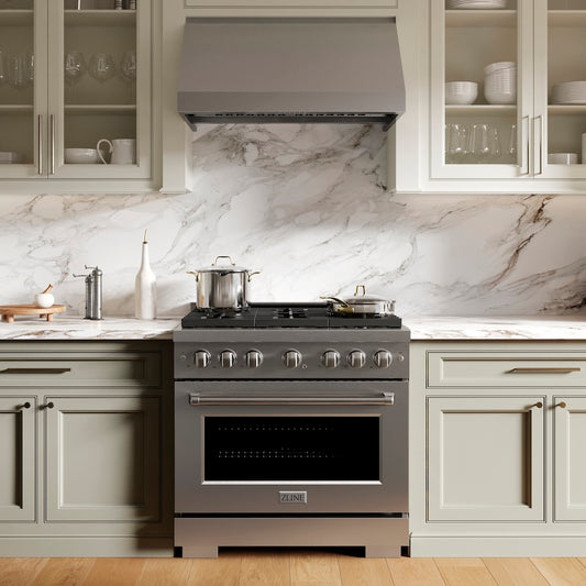 Modern kitchen with ZLINE 36 in. 5.2 cu. ft. Paramount Gas Range with 6 Burner Cooktop and Convection Gas Oven in Stainless Steel (SGR36) and marble backsplash